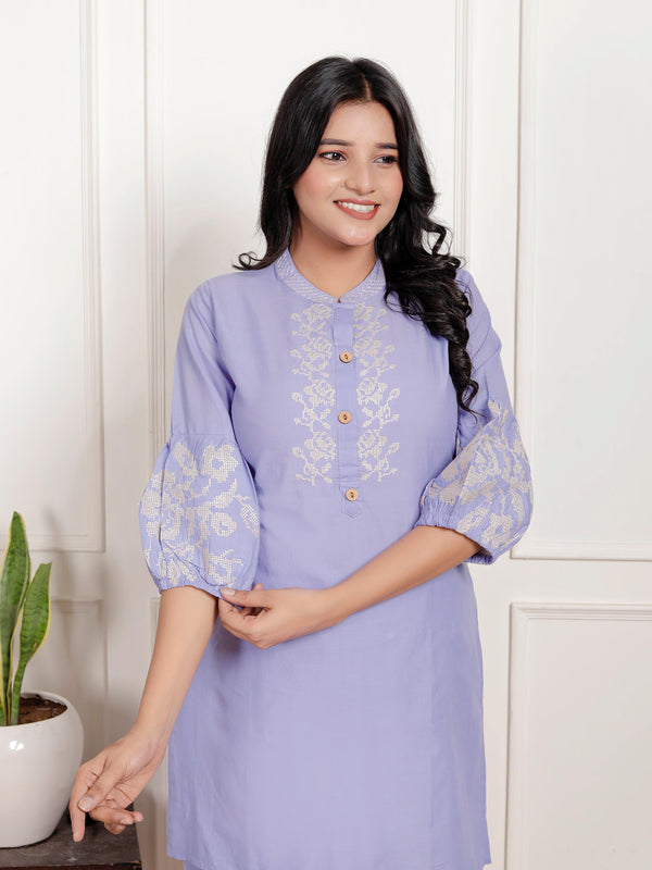 Indolady Lavender Embroidered Cotton Co-ord Set – Subtle Sophistication in Pastel