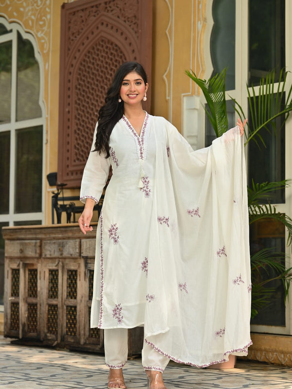 Serene Pearl – White Muslin Ethnic Set with Floral Threadwork & Dupatta