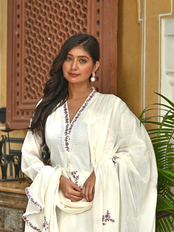 Serene Pearl – White Muslin Ethnic Set with Floral Threadwork & Dupatta