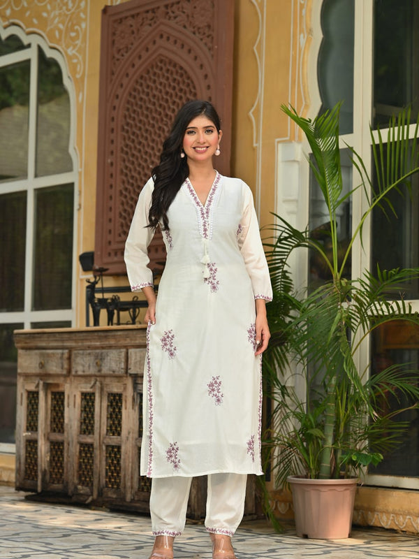 Serene Pearl – White Muslin Ethnic Set with Floral Threadwork & Dupatta