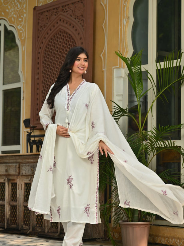 Serene Pearl – White Muslin Ethnic Set with Floral Threadwork & Dupatta