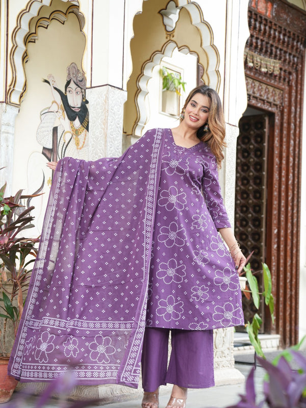 Majestic Purple Bandhej Cotton A-Line Suit Set