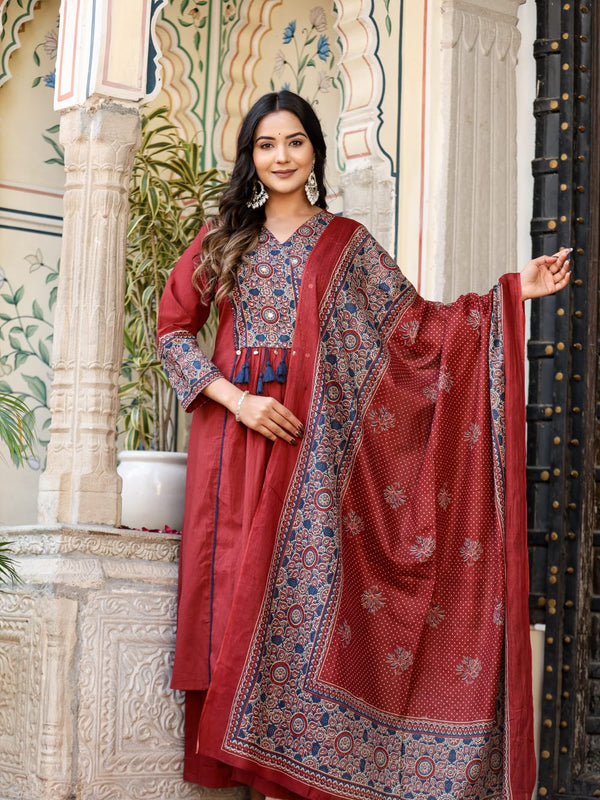 Noor-e-Gulab: Maroon Anarkali Ensemble with Elegant Hand Embroidery & Dupatta