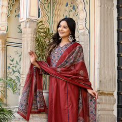 Noor-e-Gulab: Maroon Anarkali Ensemble with Elegant Hand Embroidery & Dupatta
