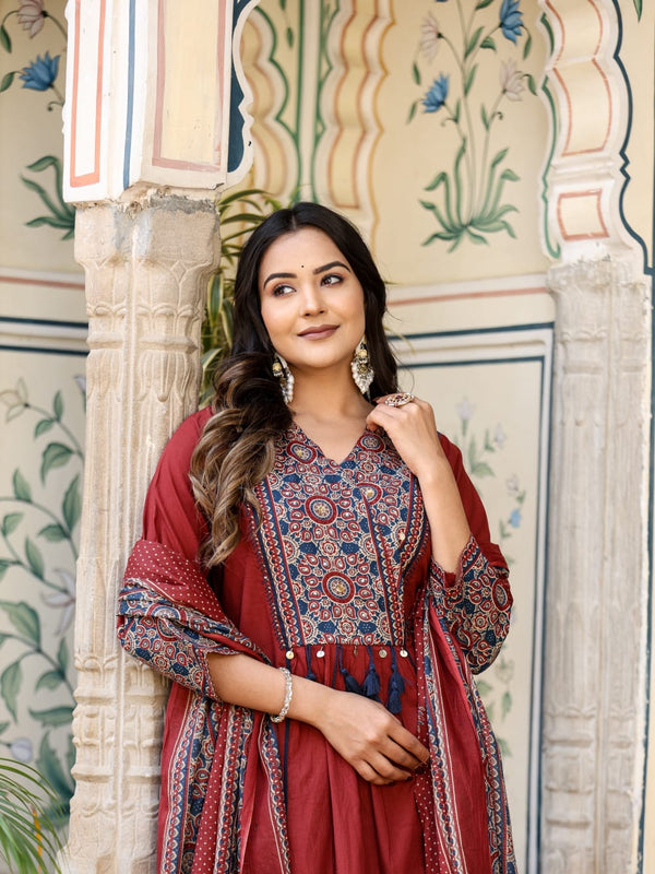 Noor-e-Gulab: Maroon Anarkali Ensemble with Elegant Hand Embroidery & Dupatta