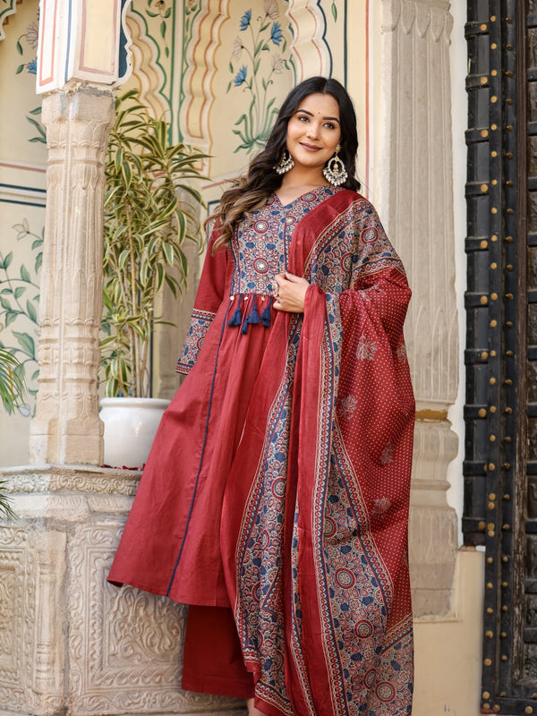 Noor-e-Gulab: Maroon Anarkali Ensemble with Elegant Hand Embroidery & Dupatta