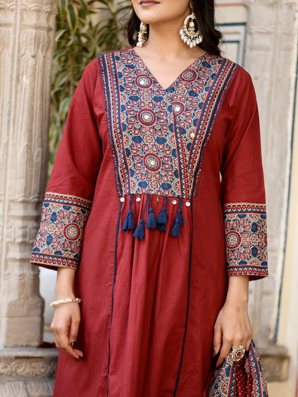 Noor-e-Gulab: Maroon Anarkali Ensemble with Elegant Hand Embroidery & Dupatta