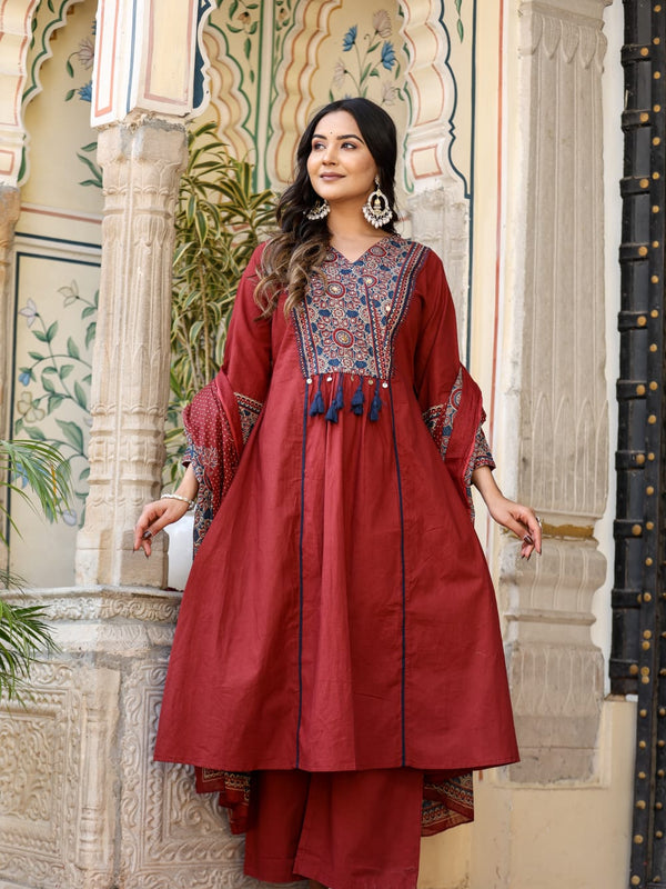 Noor-e-Gulab: Maroon Anarkali Ensemble with Elegant Hand Embroidery & Dupatta
