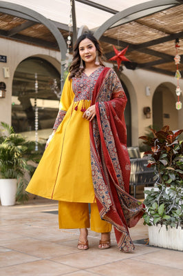 IndoLady Mustard Timeless Motif Embroidered Cotton Suit Set
