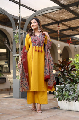 IndoLady Mustard Timeless Motif Embroidered Cotton Suit Set
