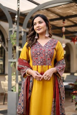 IndoLady Mustard Timeless Motif Embroidered Cotton Suit Set