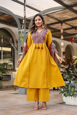 IndoLady Mustard Timeless Motif Embroidered Cotton Suit Set