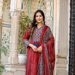 Noor-e-Gulab: Maroon Anarkali Ensemble with Elegant Hand Embroidery & Dupatta