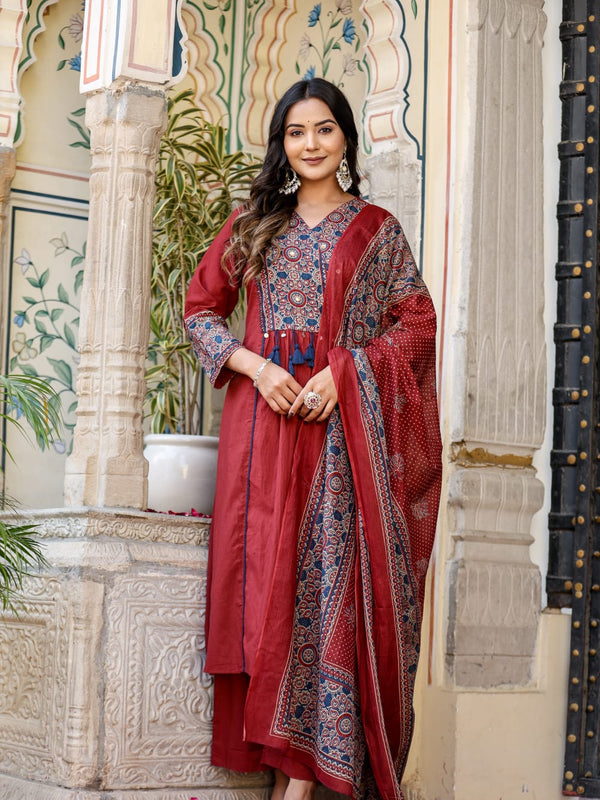 Noor-e-Gulab: Maroon Anarkali Ensemble with Elegant Hand Embroidery & Dupatta