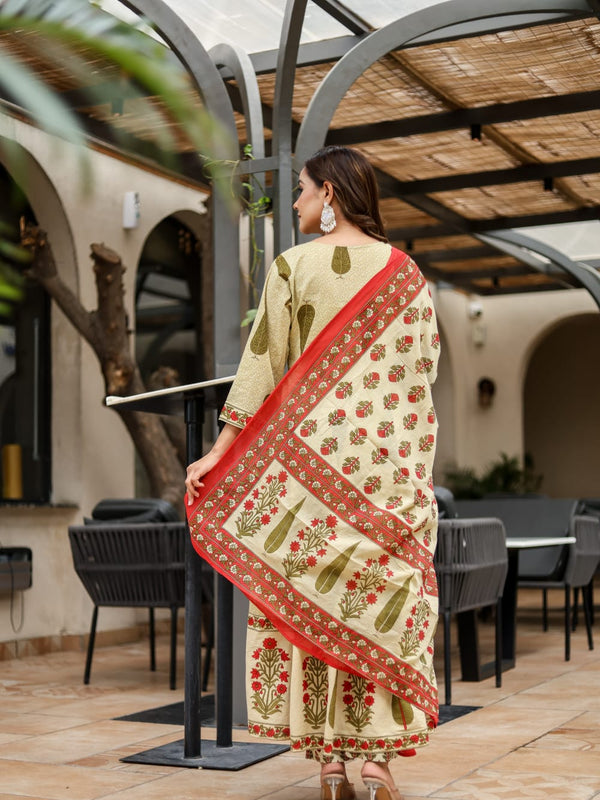 Earthy Grace: Pure Cotton Block Print Anarkali Ensemble in Rust Hue