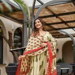 Earthy Grace: Pure Cotton Block Print Anarkali Ensemble in Rust Hue
