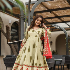 Earthy Grace: Pure Cotton Block Print Anarkali Ensemble in Rust Hue