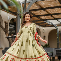 Earthy Grace: Pure Cotton Block Print Anarkali Ensemble in Rust Hue