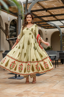 Earthy Grace: Pure Cotton Block Print Anarkali Ensemble in Rust Hue