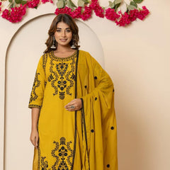 Elegant Mustard Straight Cotton Suit Set – Intricate Embroidery Work