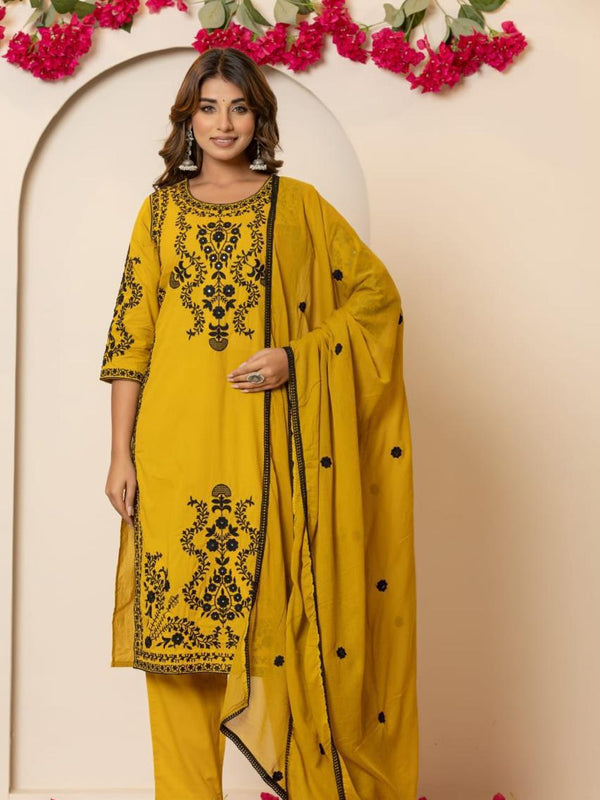 Elegant Mustard Straight Cotton Suit Set – Intricate Embroidery Work
