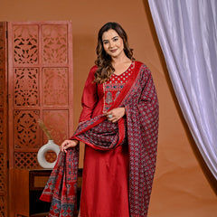 Fiery Elegance: Hand-Embroidered Red Ensemble