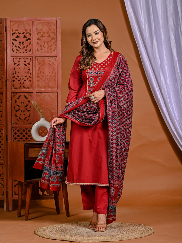 Fiery Elegance: Hand-Embroidered Red Ensemble