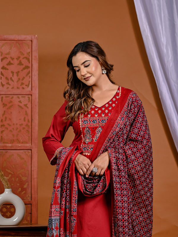 Fiery Elegance: Hand-Embroidered Red Ensemble