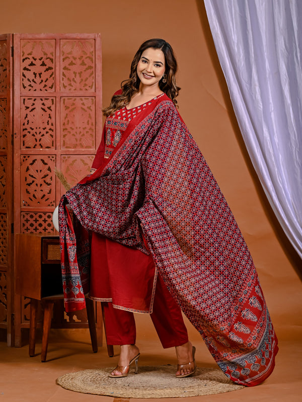 Fiery Elegance: Hand-Embroidered Red Ensemble