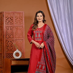 Fiery Elegance: Hand-Embroidered Red Ensemble