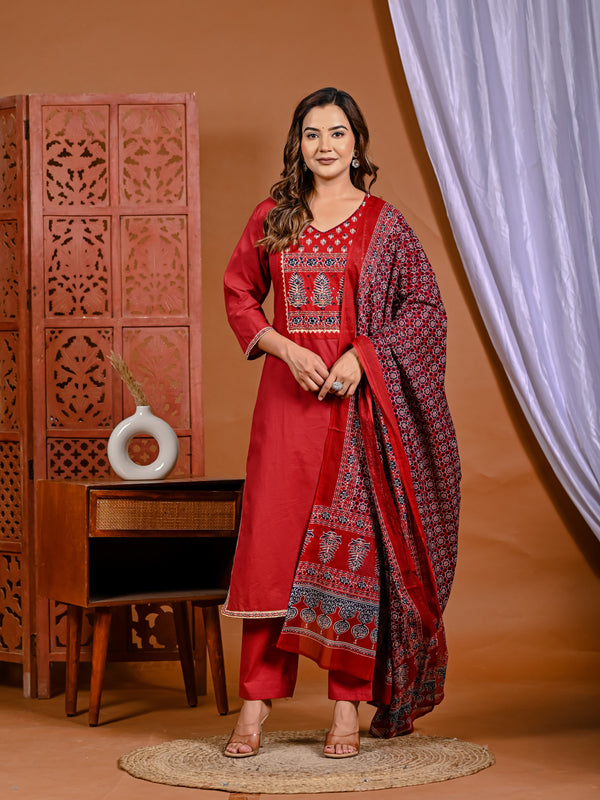 Fiery Elegance: Hand-Embroidered Red Ensemble
