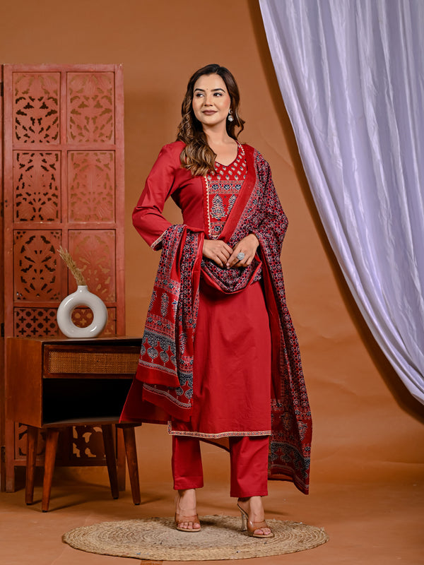 Fiery Elegance: Hand-Embroidered Red Ensemble