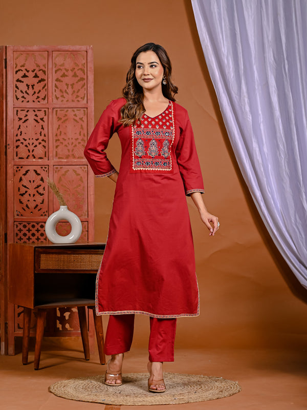 Fiery Elegance: Hand-Embroidered Red Ensemble