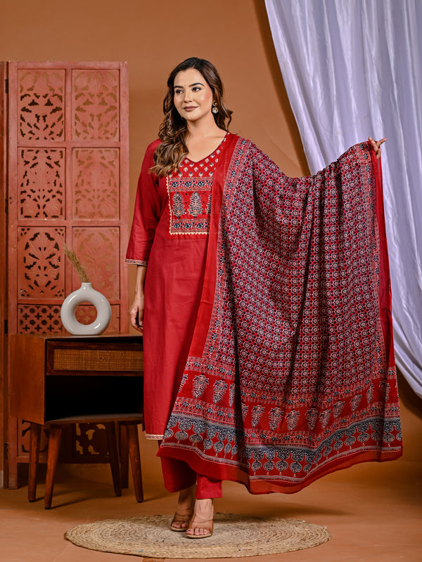 Fiery Elegance: Hand-Embroidered Red Ensemble