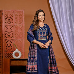 Graceful Indigo: Classic Cotton Kurta with Printed Dupatta