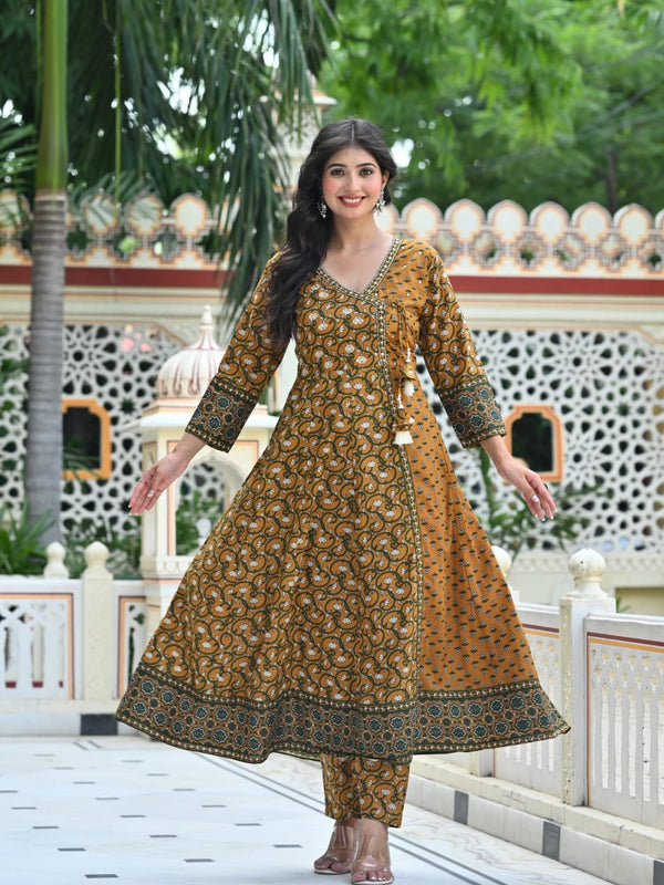 IndoLady Mustard Magic Handcrafted Cotton Angrakha Suit Set with Dupatta