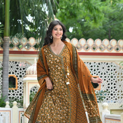 IndoLady Mustard Magic Handcrafted Cotton Angrakha Suit Set with Dupatta