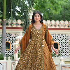 IndoLady Mustard Magic Handcrafted Cotton Angrakha Suit Set with Dupatta