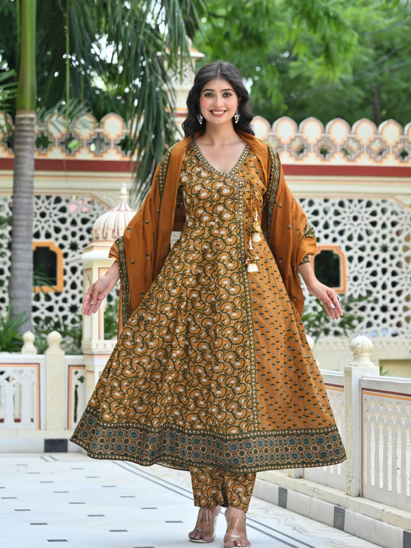 IndoLady Mustard Magic Handcrafted Cotton Angrakha Suit Set with Dupatta