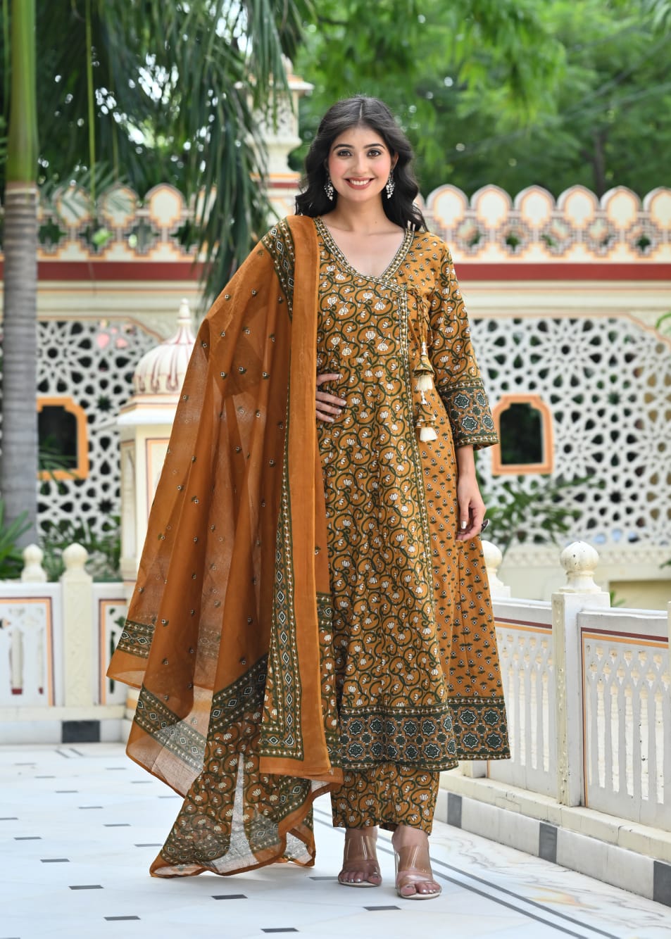 IndoLady Mustard Magic Handcrafted Cotton Angrakha Suit Set with Dupatta