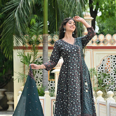 IndoLady Emerald Charm Printed Cotton Angrakha Kurta Pant Dupatta Set