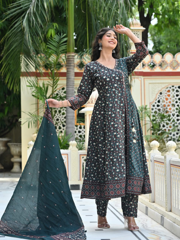 IndoLady Emerald Charm Printed Cotton Angrakha Kurta Pant Dupatta Set
