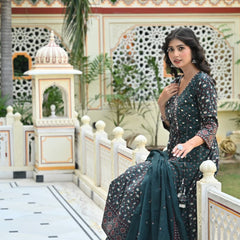 IndoLady Emerald Charm Printed Cotton Angrakha Kurta Pant Dupatta Set