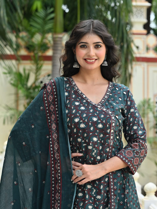 IndoLady Emerald Charm Printed Cotton Angrakha Kurta Pant Dupatta Set