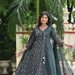IndoLady Emerald Charm Printed Cotton Angrakha Kurta Pant Dupatta Set