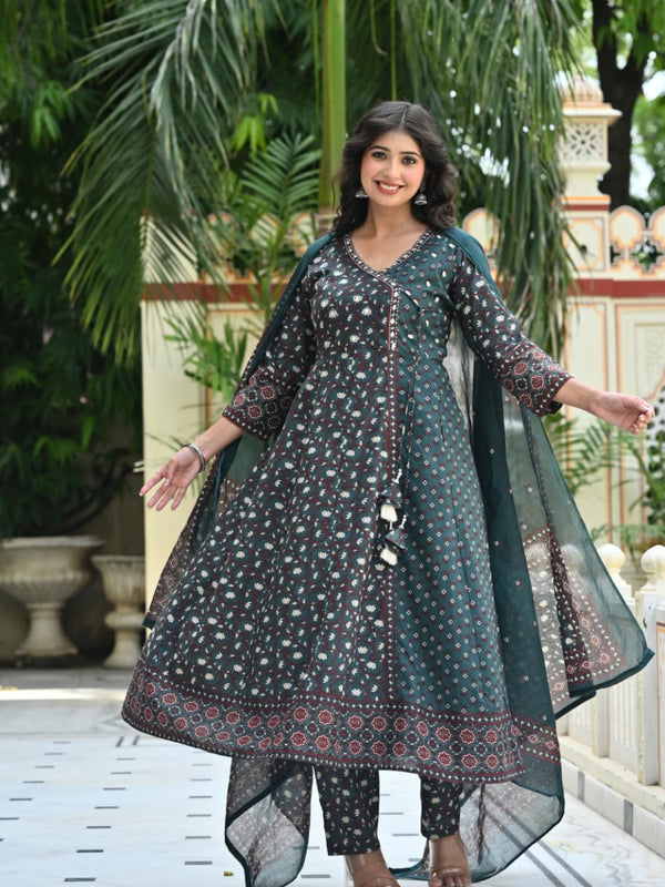 IndoLady Emerald Charm Printed Cotton Angrakha Kurta Pant Dupatta Set