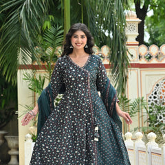 IndoLady Emerald Charm Printed Cotton Angrakha Kurta Pant Dupatta Set