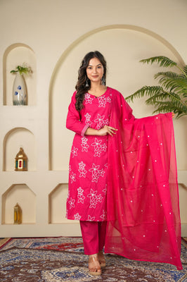 Indolady Rose Charm Embroidered Cotton Kurta Pant Dupatta Set