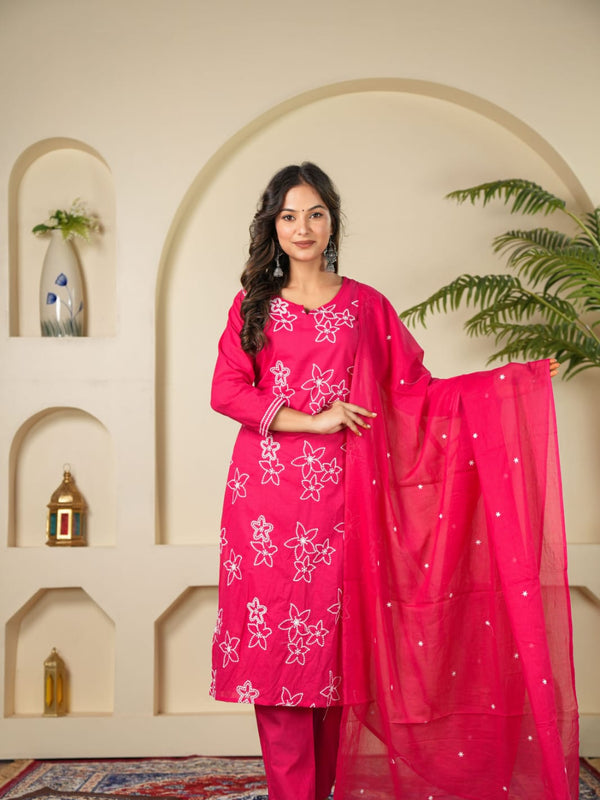 Indolady Rose Charm Embroidered Cotton Kurta Pant Dupatta Set