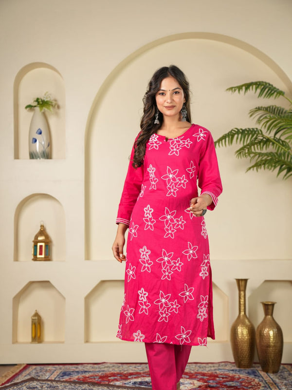Indolady Rose Charm Embroidered Cotton Kurta Pant Dupatta Set